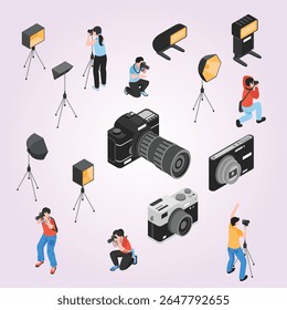 Fotógrafo profissional e equipamento de trabalho, incluindo câmeras, tripé, instalações de iluminação hobby isométrico pessoas vazias dispositivo caucasiano ferramenta