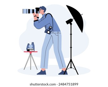 Professional photographer working in his photo studio, vector illustration.
