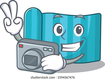 a professional Photographer yoga mattress Scroll mascot style with a camera