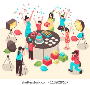 Professional photographers with cameras and lighting facilities during making pictures of kids party isometric vector illustration