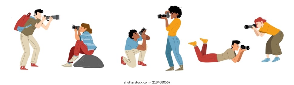 Professional photographers with cameras. Male and female characters photographing, take photo shots. People creative hobby, paparazzi or journalist profession, Line art flat vector illustration, set