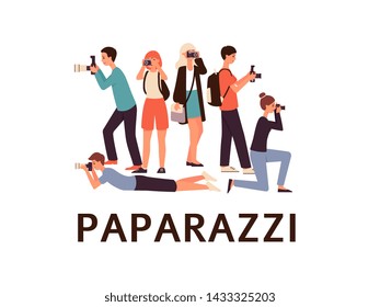 Professional photographers, journalists or paparazzi with camera taking photo in different poses, flat vector characters set illustration isolated on white background.