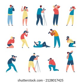 Professional photographers taking with camera, journalists. Photographer character shooting photo, cameraman or paparazzi vector set. Illustration of photography professional, photograph hobby