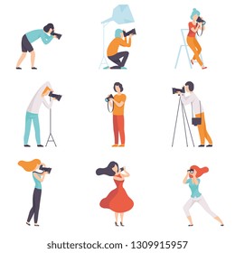 Professional Photographers Taking Photos Using Professional Equipment Set, Men and Women with Digital Cameras Making Pictures Vector Illustration