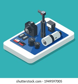 Professional photographic equipment on a smartphone, isometric 3D illustration