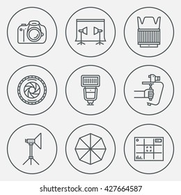 Professional Photography Circle Round Icon Set. Line Design Vector Illustrations.