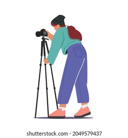 Professional Photography Concept. Female Photographer with Photo Camera on Tripod Making Pictures Isolated on White Background. Woman Character Taking Pictures, Hobby. Cartoon Vector Illustration