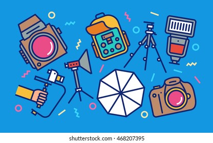 Professional Photography Concept Line Art Bright Colors Illustration. Contemporary Trendy Vector Icons.