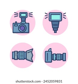 Conjunto de iconos de línea de equipo de Fotografía de Profesional. Flash de cámara, lente óptica, cámara fotográfica. Equipo para tomar el concepto de la sesión de fotos. Ilustración vectorial para Diseños web y App