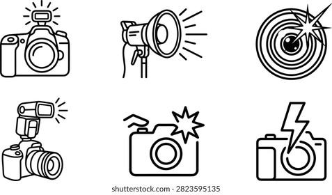 Professional Photography Flash and Camera Shutter Line Art Vector Icon Set Featuring Studio Spotlights DSLR Speedlights and Lens Flare Bursts