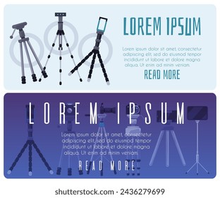 Professional photography gear banner set featuring assorted tripods. Vector illustration depicts camera support systems with placeholders for text