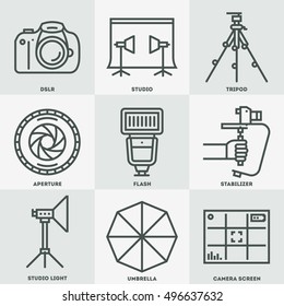 Professional Photography Icon Set. Line Design Vector Illustrations.