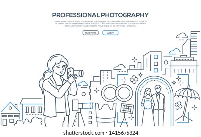 Professional photography - line design style web banner on white background with copy space for text. Quality header with a girl with a camera taking pictures of a wedding, urban landscape, equipment