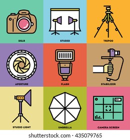 Professional Photography Retro Icon Set. Line Design Vector Illustrations.