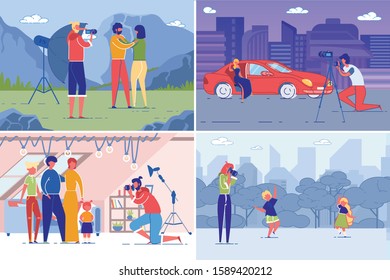 Professional Photography Studio or Advertising Fashion Agency Employees make Photo Sessions. People, Men, Women and Children Characters Photographing Indoor and Outdoor. Flat Vector Illustration.