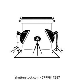 A professional photography studio setup featuring a camera on a tripod, flanked by two studio lights, with a backdrop stand and paper roll.