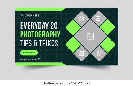 Professional photography video thumbnail template design, tips and tricks video cover banner design, fully editable vector eps 10 file format