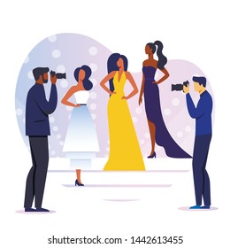Professional Photoshoot Flat Vector Illustration. Young Models and Photographers Cartoon Characters. Beauty Contest Shooting, Paparazzi, Men with Cameras Taking Photos. Women in Evening Gowns