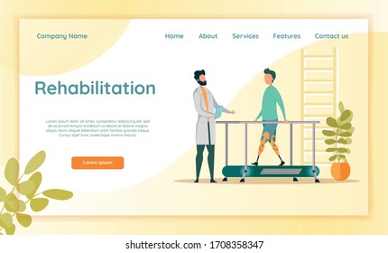 Professional Physiatrist Maximizing What Patient with Artificial Limb Can Do Using Therapeutic Exercise. Doctor and Young Man with Two Leg Prosthetic Appliance. Rehabilitation Banner and Landing Page.