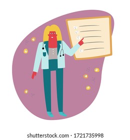 Professional physician smile and points to the board hand drawn vector illustration. Female doctor points to the poster with lines and checkboxes. Physician with stethoscope. Positive medical poster.