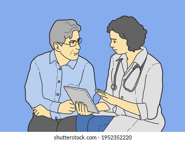 Professional physicians who are skilled at prescribing treatment of diseases, showing the results of medical tests on a digital computer tablet to elderly retired patients. hand drawn style vector des