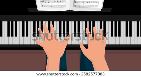 Professional pianist playing the piano, hands on the keyboard top view
