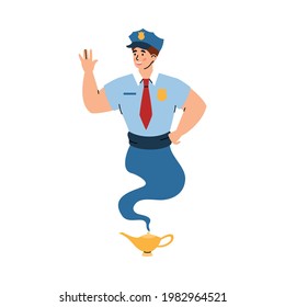 Professional pilot or airman looking like magic genie, cartoon vector illustration isolated on white background. Fantasy character for airline or travel agency.