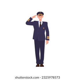 Professional pilot commander airliner staff with salute gesture isolated on white background