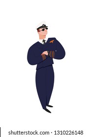 Professional pilot. Man in standing pose, in cap and uniform the pilot of aircraft, with the hands crossed on breast. Character vector illustration isolated on white background. People in flat style.