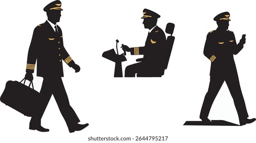 Silhuetas de piloto profissional em várias ações andando, na cabine de pilotagem e usando um telefone. Perfeito para conceitos de viagem de aviação.