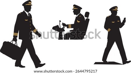Professional pilot silhouettes in various actions walking, in the cockpit and using a phone. Perfect for aviation travel concepts.