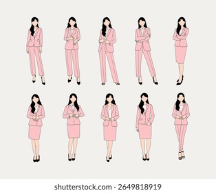 Professional Pink Business Outfit Fashion Illustration Set. Designed for showcasing women’s corporate attire in fashion projects, office-themed visuals, and microstock content.