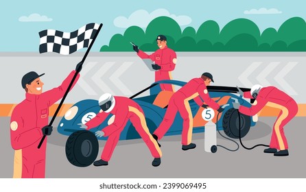 Mecánica profesional de parada de pozo. Reparación de coches en la carrera deportiva. Mantenimiento rápido de automóviles. Trabajadores con uniforme. Competencia de carreras. Cambio de neumáticos. Equipo técnico. Garish