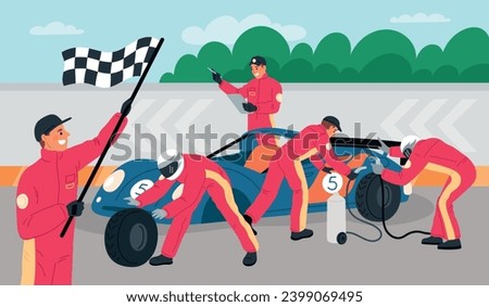 Professional pit stop mechanics. Car repair at sport race. Fast automobile maintenance. Workers team in uniform. Racing competition. Tire change. Technician crew. Garish