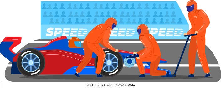 Professional Pitstop Team, Male Character Together Service Formula 1 Sport Car Isolated On White, Cartoon Vector Illustration. World Competition Fast Circuit Race, Tournament Contest Track.