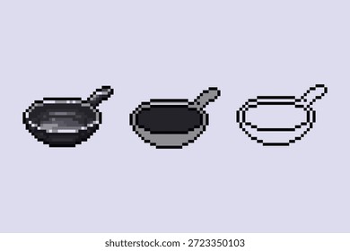 Professionelle Pixel Art Asset drei Versionen einer Küche Bratpfanne hoch detaillierte schattierte Version mit metallischen Reflexionen, eine flache graue Version, und eine saubere Linie Kunst Umriss