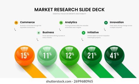 Professional Plan Slide Template Vector Illustration. Product Profile Five Option Chart Frame Design. Modern Solution 5 Element Graph Presentation Layout.