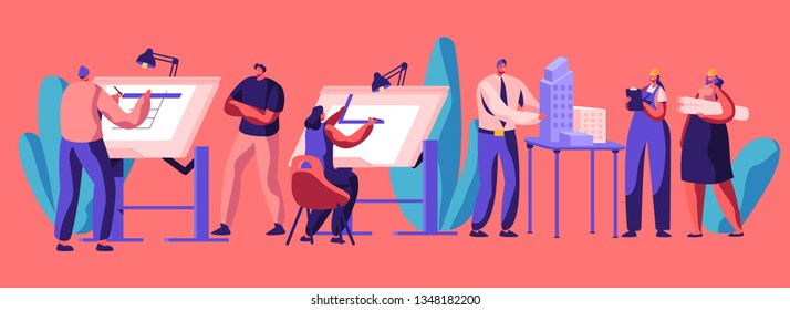 Professional Planning Architecture of House. Character Engineering. Construction Development and Building Layout. Flat Cartoon Vector Illustration