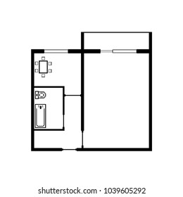 Professional planning of one-room apartment. With kitchen, bedroom and bathroom.