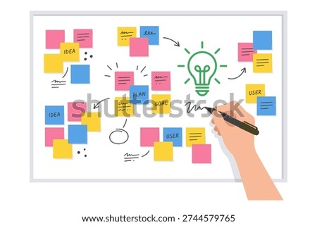 Professional planning session with colorful paper notes, creative idea generation, project management and strategy map
