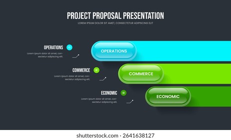 Professional Planning Slide Template Vector Illustration. Modern Overview Three Option Infographic Presentation Design. Product Review 3 Step Diagram Frame Layout.