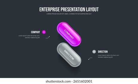 Design de apresentação de slides de diagrama de dois elementos de planejamento profissional. Layout de apresentação infográfica de 2 etapas para desempenho de negócios. Ilustração do vetor do modelo de quadro de inovação empresarial.