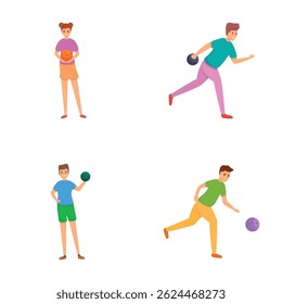 Os ícones profissionais do jogador definem o vetor de desenhos animados. Jogador de boliche prepara jogar bola. Esporte, lazer, hobby