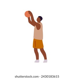 Professional player training to match. Sportsman plays basketball. Athlete in uniform throws ball into hoop. Young man on sport competition. Flat isolated vector illustration on white background