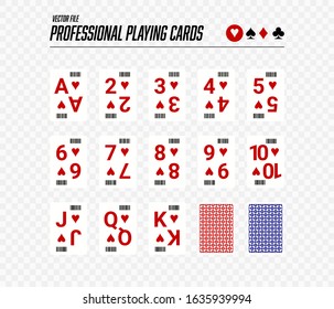 Professional Playing Cards with Barcode (Plus Backs). Transparent Background. Online Casino Style. Hearts - Vector