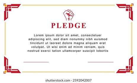 A professional pledge certificate template with geometric red and gold borders. Perfect for official commitments, organizations, and events. Fully editable and customizable.