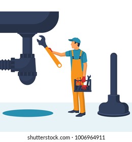 Professional plumber with an adjustable wrench hold in hand repairing plumbing, isolated. Plumbing service, repair fix leaking. Vector illustration flat design.Fixing pipe. Washbasin, plunger.