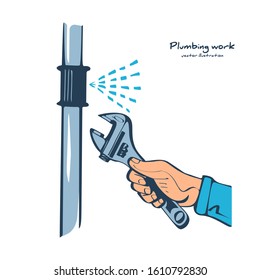 Professional plumber with an adjustable wrench hold in hand repairing plumbing, isolated. Plumbing service, repair fix leaking. Vector illustration sketch design. Fixing pipe. Maintenance water pipe.