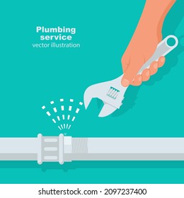 Professional plumber with an adjustable wrench hold in hand repairing plumbing, isolated. Plumbing service,  repair fix leaking. Vector illustration flat design. Fixing pipe. Maintenance water pipe.