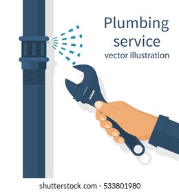 Professional Plumber With An Adjustable Wrench Hold In Hand Repairing Plumbing, Isolated. Plumbing Service,  Repair Fix Leaking. Vector Illustration Flat Design. Fixing Pipe. Maintenance Water Pipe